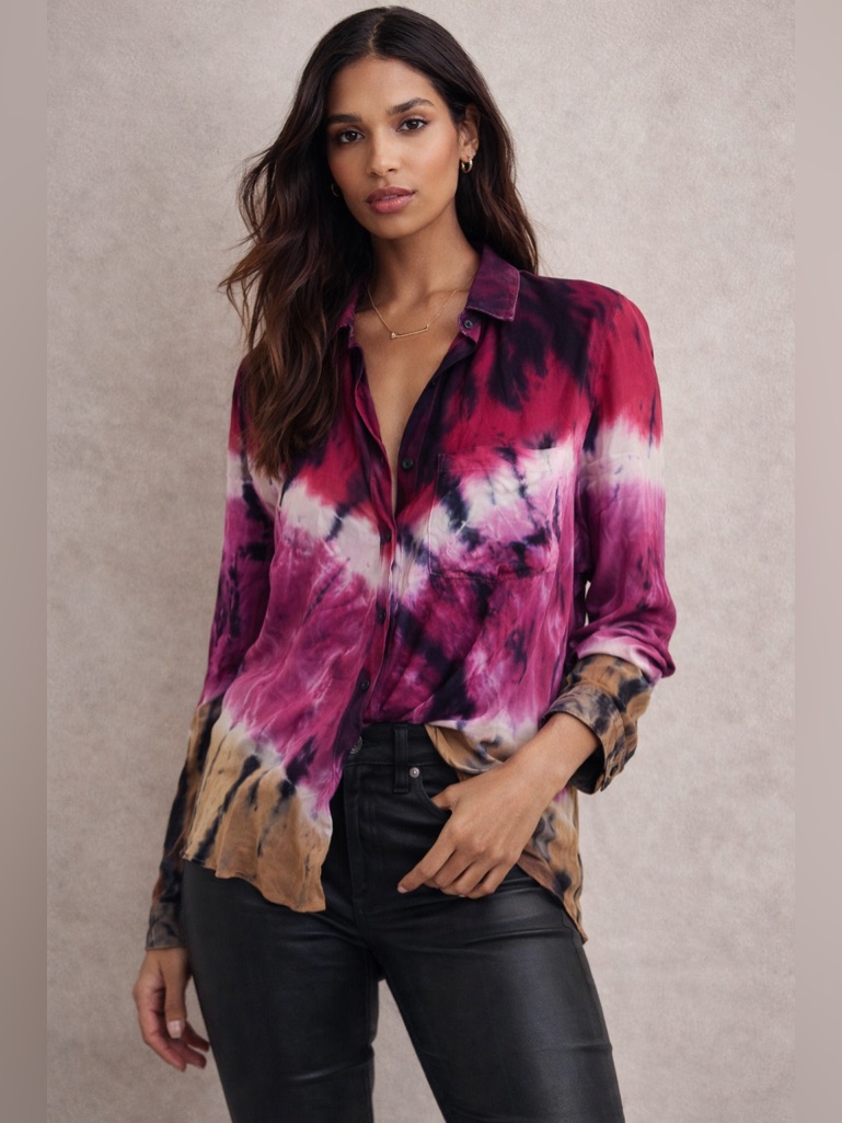 Young Fabulous & Broke Susan Blouse Tie Dye Large Boho Button Down Top